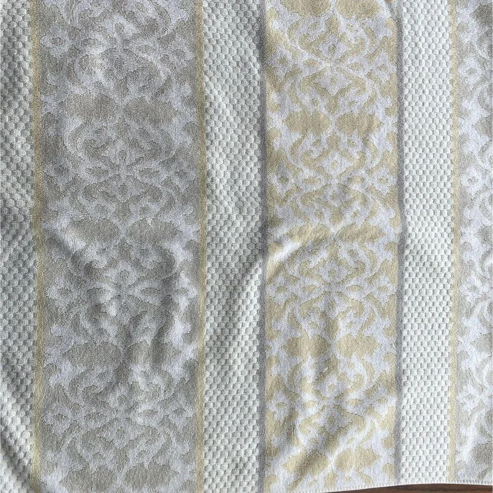 2 PC Towel Set Beau Monde Bath & Wash Cloth Scroll Stripe Neutrals 100% Cotton